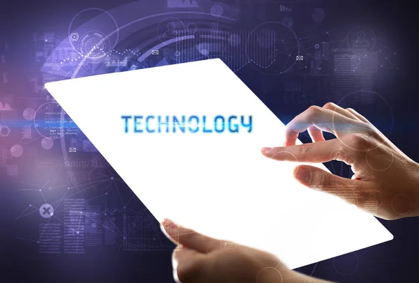 Hand Holdig Futuristic Tablet Technology Inscription New Technology Concept — Stock Photo, Image