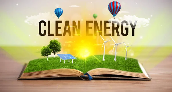 Libro Abierto Con Inscripción Clean Energy Concepto Energía Renovable — Foto de Stock