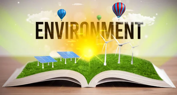 Environment Yazıtlı Açık Kitap Yenilenebilir Enerji Kavramı — Stok fotoğraf