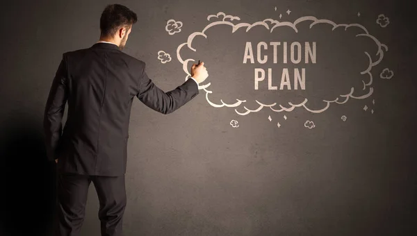 Uomo Affari Che Disegna Una Nuvola Con Iscrizione Action Plan — Foto Stock