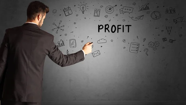 Üzletember Rajz Egy Kreatív Ötlet Vázlat Profit Felirat Üzleti Stratégia — Stock Fotó