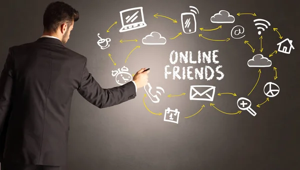 Businessman Drawing Social Media Icons Online Friends Inscription New Media — Stock Photo, Image