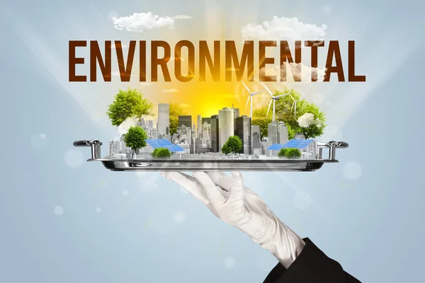 Waiter Serving Eco City Environmental Inscription Renewabke Energy Concept — Stock Photo, Image