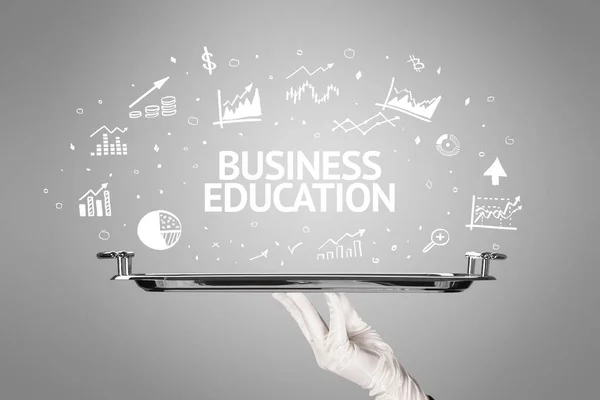 Garçom Servindo Conceito Ideia Negócio Com Inscrição Educação Empresa — Fotografia de Stock