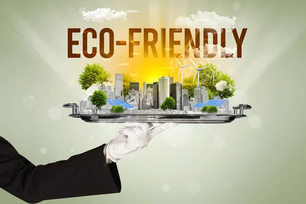 Waiter Serving Eco City Eco Friendly Inscription Renewabke Energy Concept — Stock Photo, Image