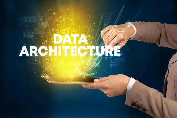 Närbild Pekskärm Med Data Architecture Inskription Innovativt Teknikkoncept — Stockfoto