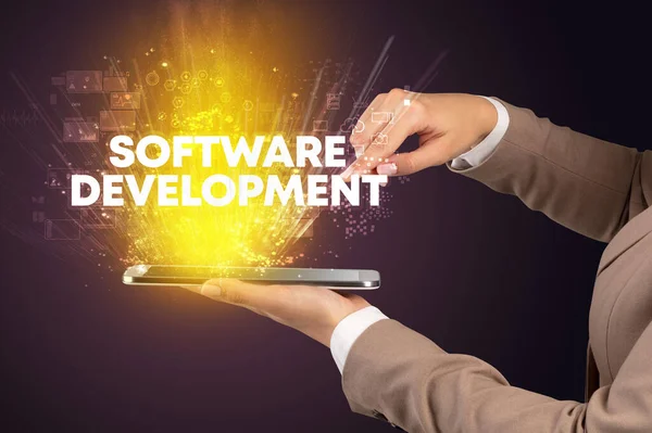 Software Development Yazıtlı Yenilikçi Teknoloji Kavramına Sahip Bir Dokunmatik Ekran — Stok fotoğraf