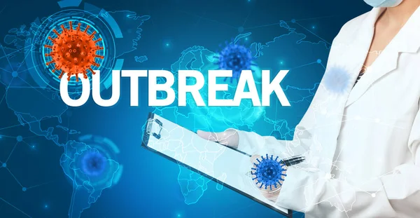 Arzt Füllt Krankenakte Mit Outbreak Aufschrift Virologie Konzept — Stockfoto