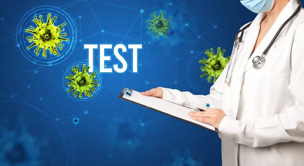 Läkare Ordinerar Ett Recept Med Test Inskription Pandemi Koncept — Stockfoto