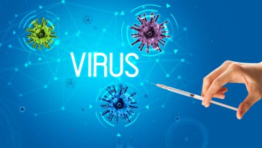 Şırınga, elinde VIRUS yazısıyla tıbbi enjeksiyon, koronavirüs aşısı konsepti