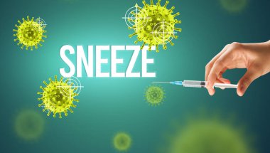 Doktorların yakından görüntüsü elinde şırınga tutan beyaz bir eldiven içinde hapşırık, koronavirüs panzehiri konsepti.