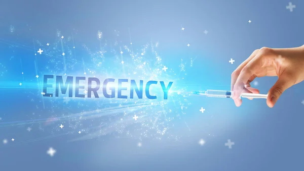Spuit Medische Injectie Hand Met Emergency Inscriptie Medisch Tegengif Concept — Stockfoto