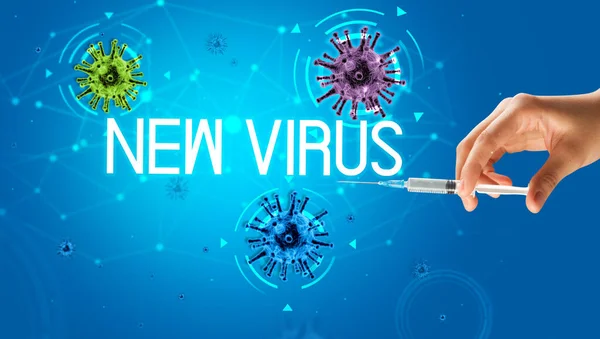 Strzykawka Zastrzyk Medyczny Dłoni Nowym Napisem Virus Koncepcja Szczepionki Koronawirusowej — Zdjęcie stockowe