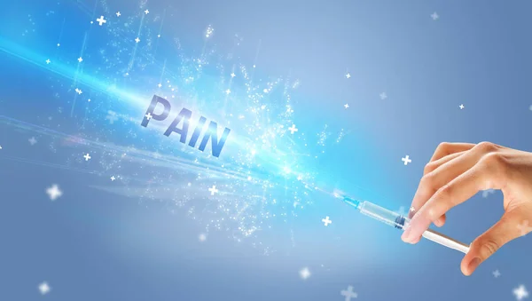 Spritze Medizinische Injektion Der Hand Mit Pain Aufschrift Medizinisches Gegenmittel — Stockfoto