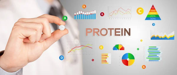Táplálkozási Egy Pirulát Protein Felirattal Egészséges Életmód Koncepció — Stock Fotó