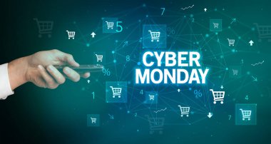 CYBER Pazartesi yazıtları ve online alışveriş konseptiyle el ele tutuşmak