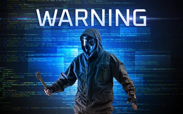 Faceless Hacker Warning Inscription Binary Code Background — Stock Photo, Image