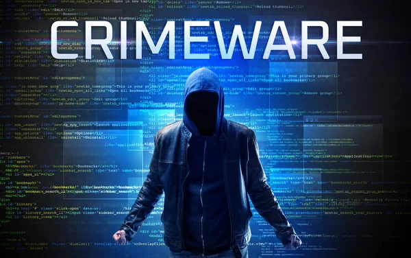 Gesichtsloser Hacker Mit Crimeware Aufschrift Auf Binärem Code Hintergrund — Stockfoto