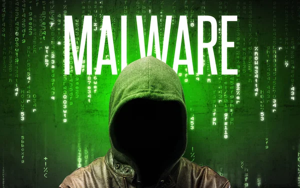 Безликий Хакер Написом Malware Концепція Злому — стокове фото
