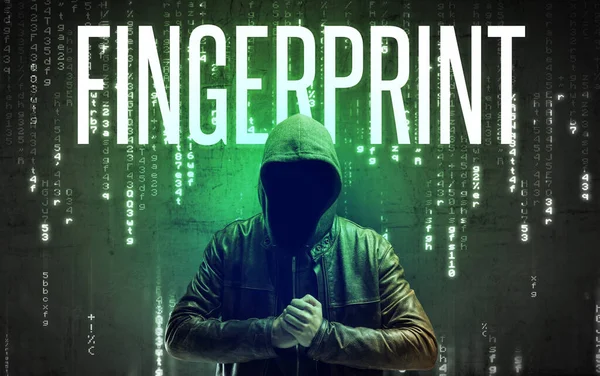Hacker Sin Rostro Con Inscripción Fingerprint Concepto Hacking —  Fotos de Stock