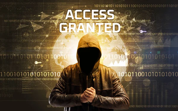 Bezimienny Haker Pracy Napisem Access Granted Koncepcja Bezpieczeństwa Komputerowego — Zdjęcie stockowe