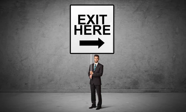 Business Person Holding Traffic Sign Exit Here Inscription New Idea — Stock Photo, Image