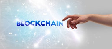 BLOCKCHAIN yazıtlarına el işareti, modern teknoloji kavramı