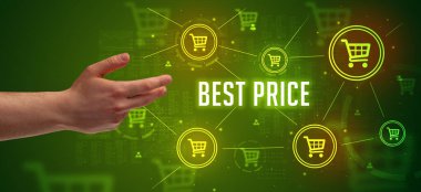 BEST PRICE yazıtlarına, çevrimiçi alışveriş konseptine yakın el işaretleri