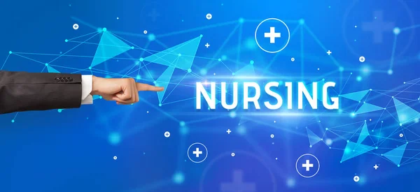 Nursing Feliratra Mutató Levágott Kéz Közelsége Orvosi Koncepció — Stock Fotó
