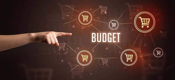Budget Feliratra Mutató Vágottkéz Közelkép Online Vásárlási Koncepció — Stock Fotó