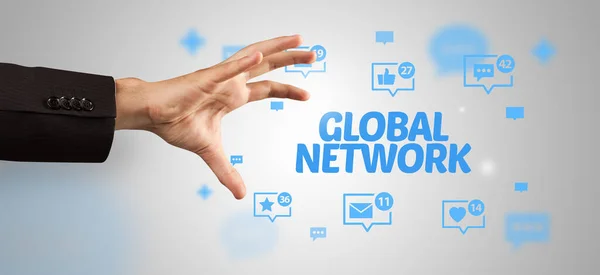 Close Cropped Hand Pointing Global Network Inscription Social Networking Concept — Stock Photo, Image