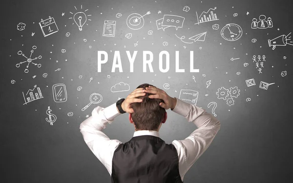 Οπίσθια Όψη Επιχειρηματία Επιγραφή Payroll Σύγχρονη Επιχειρηματική Έννοια — Φωτογραφία Αρχείου