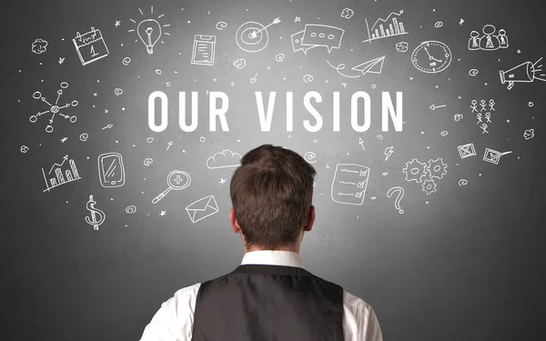 Vista Posteriore Uomo Affari Con Nostra Iscrizione Vision Concetto Business — Foto Stock