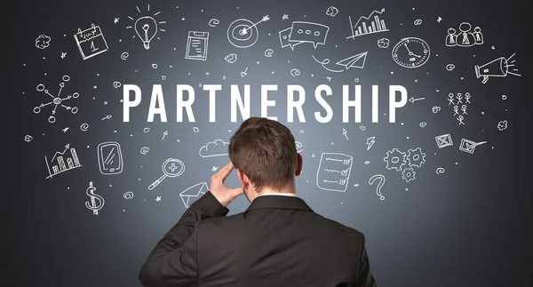 Vista Posteriore Uomo Affari Con Iscrizione Partnership Concetto Business Moderno — Foto Stock