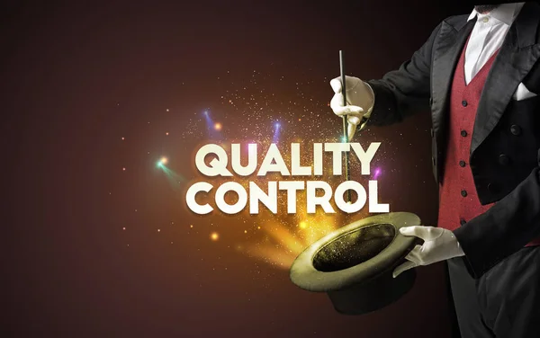 Illusionist Showing Magic Trick Quality Control Inscription New Business Model — Stock Photo, Image