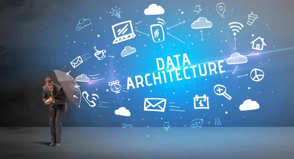 Affärsman Försvara Med Paraply Från Data Architecture Inskription Modern Teknik — Stockfoto