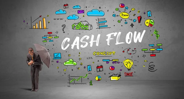 Şemsiyenin Arkasına Saklanan Azimli Adamı Cash Flow Yazıtları Yeni Konsepti — Stok fotoğraf