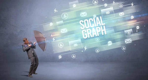 Beau Businessman Défendant Avec Parapluie Inscription Social Graph Concept Des — Photo