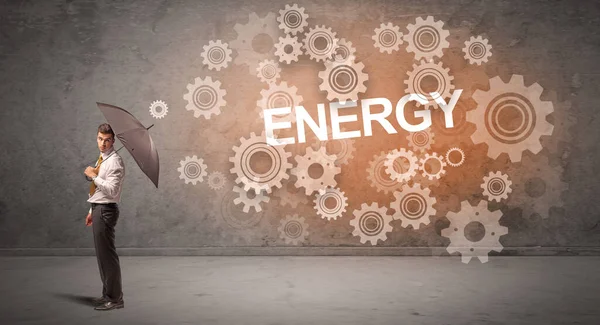 Επιχειρηματίας Υπερασπίζεται Ομπρέλα Από Επιγραφή Energy Έννοια Της Τεχνολογίας — Φωτογραφία Αρχείου