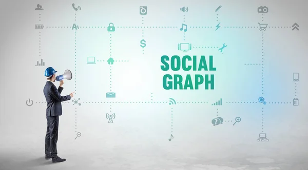 Engineer Working New Social Media Platform Social Graph Inscription Concept — Stock Photo, Image