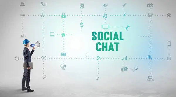 Інженер Працює Новій Платформі Соціальних Мереж Концепцією Напису Social Chat — стокове фото
