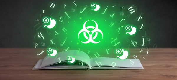 Offenes Medizinisches Buch Mit Biohazard Symbolen Oben Globales Gesundheitskonzept — Stockfoto