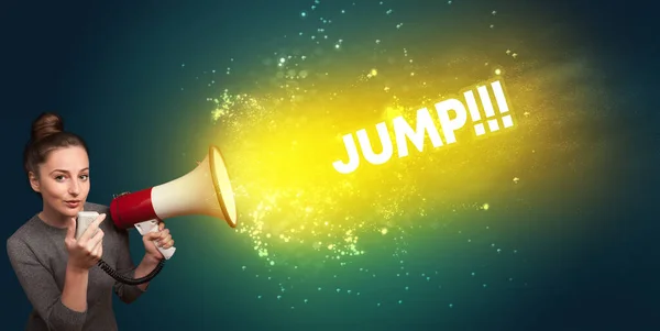 Mujer Joven Gritando Altavoz Con Inscripción Jump Concepto Medios Modernos —  Fotos de Stock