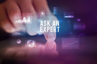 Grafikler ile parmak dokunma tablet ve Bir Uzman yazıt, iş kavramı sorun