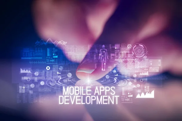 Vinger Aanraken Tablet Met Web Technologie Iconen Mobiele Apps Ontwikkeling — Stockfoto