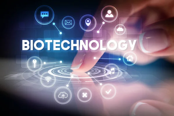 Tablet Toccante Dita Con Icone Della Tecnologia Web Iscrizione Biotechnology — Foto Stock