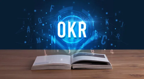 Okr Inscription Coming Out Open Book Digital Technology Concept — Stock Photo, Image