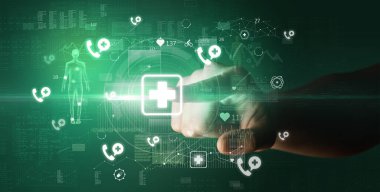 Doktor el, ekranda ilk yardım sembolü olan fütüristik sağlık aygıtı, fütüristik kavram