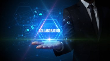 Erkek el ele tutuşması İşbirliği yazması, sosyal medya kavramı