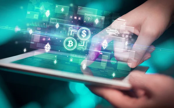 Close Hand Using Tablet Crypto Exchange Icons Coming Out Digital — Stock Photo, Image